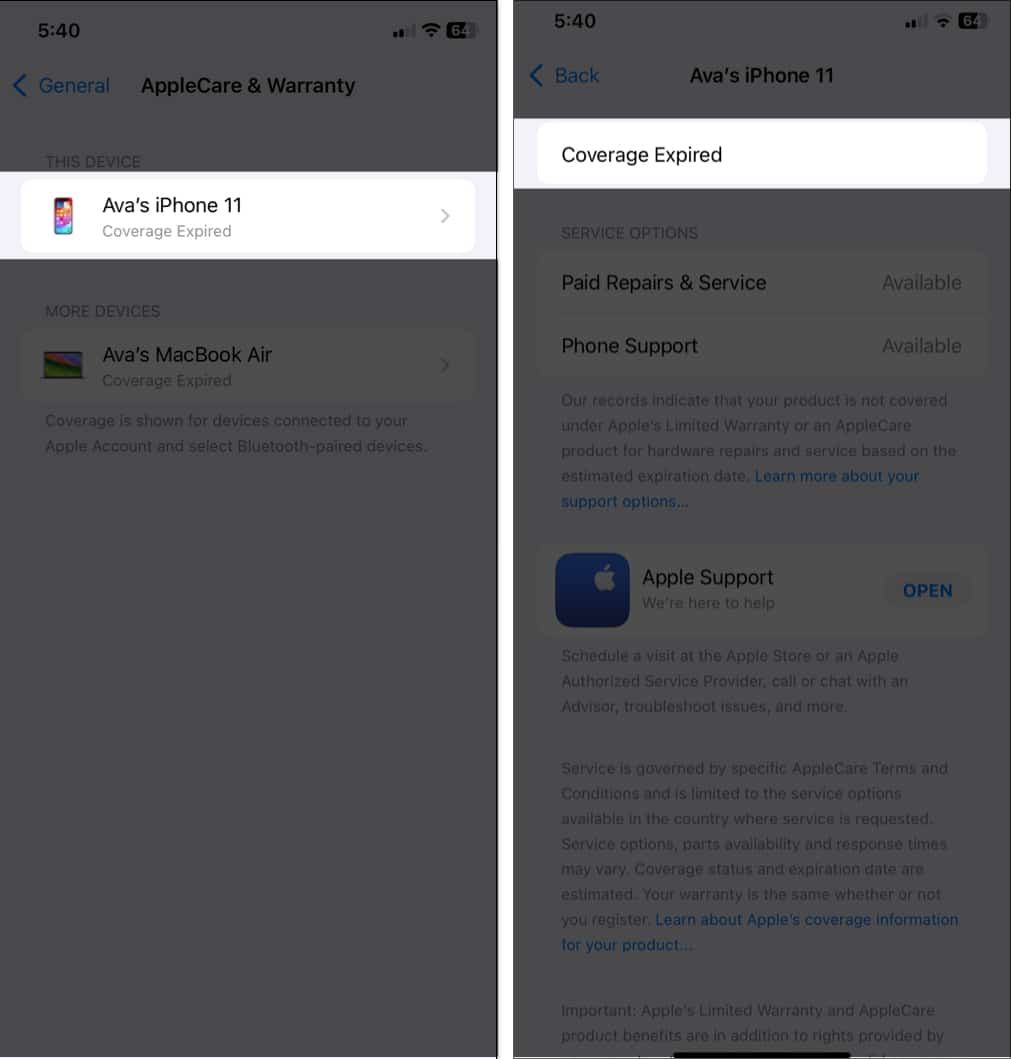 Checking the warranty status of an iPhone in the Settings app.