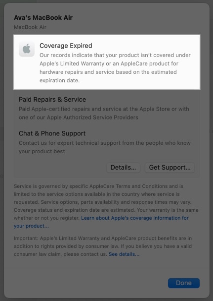 Coverage status for a MacBook in the macOS Settings app.
