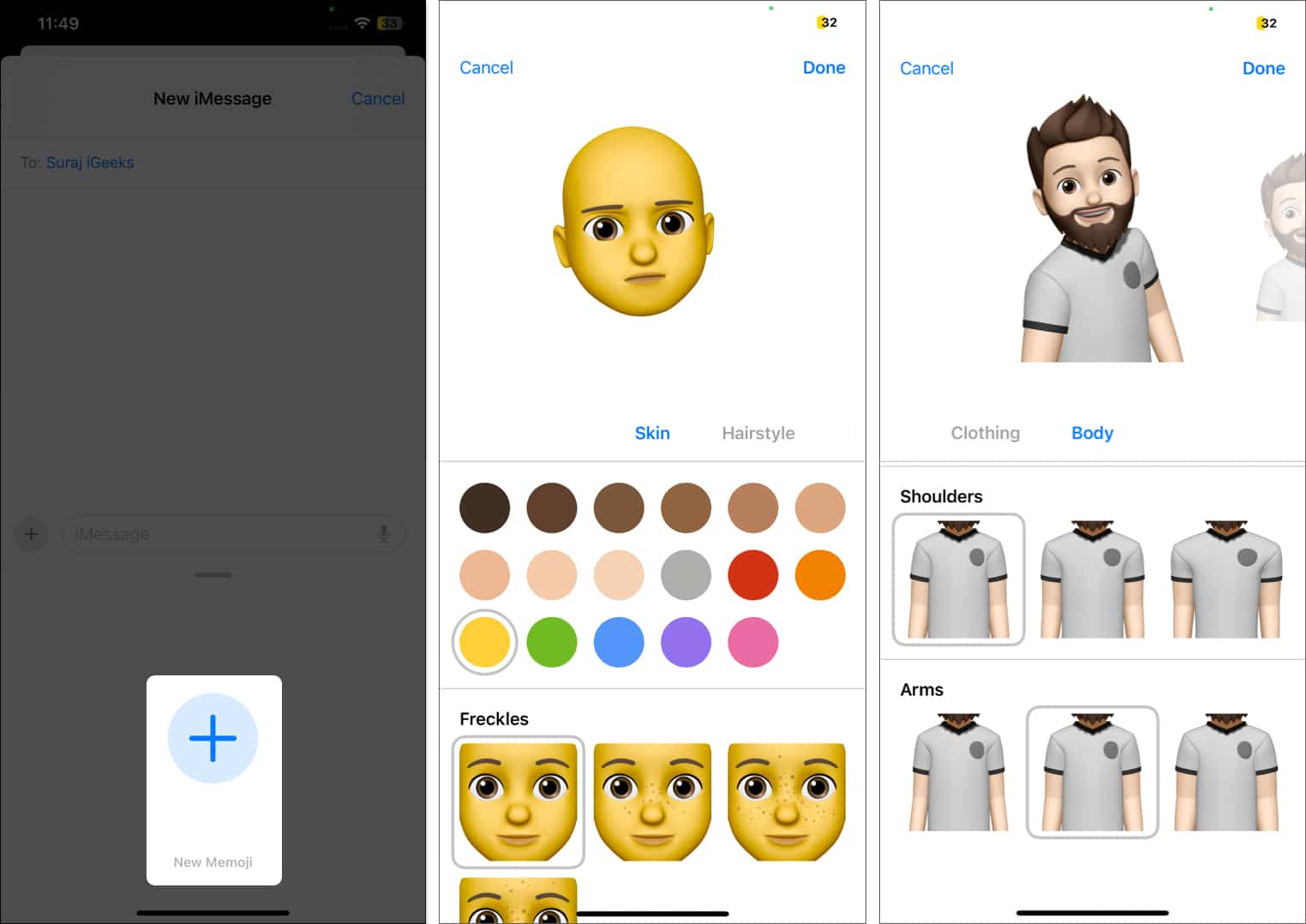 Creating a new Memoji in the Messages app on an iPhone.