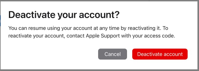 Deactivate Account button to confirm Apple account deactivation.
