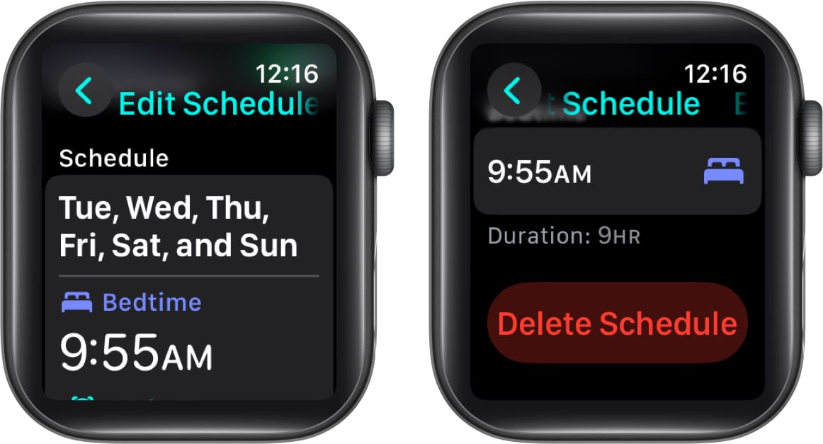 Delete Schedule option in the Sleep app on an Apple Watch to delete a Sleep Schedule.