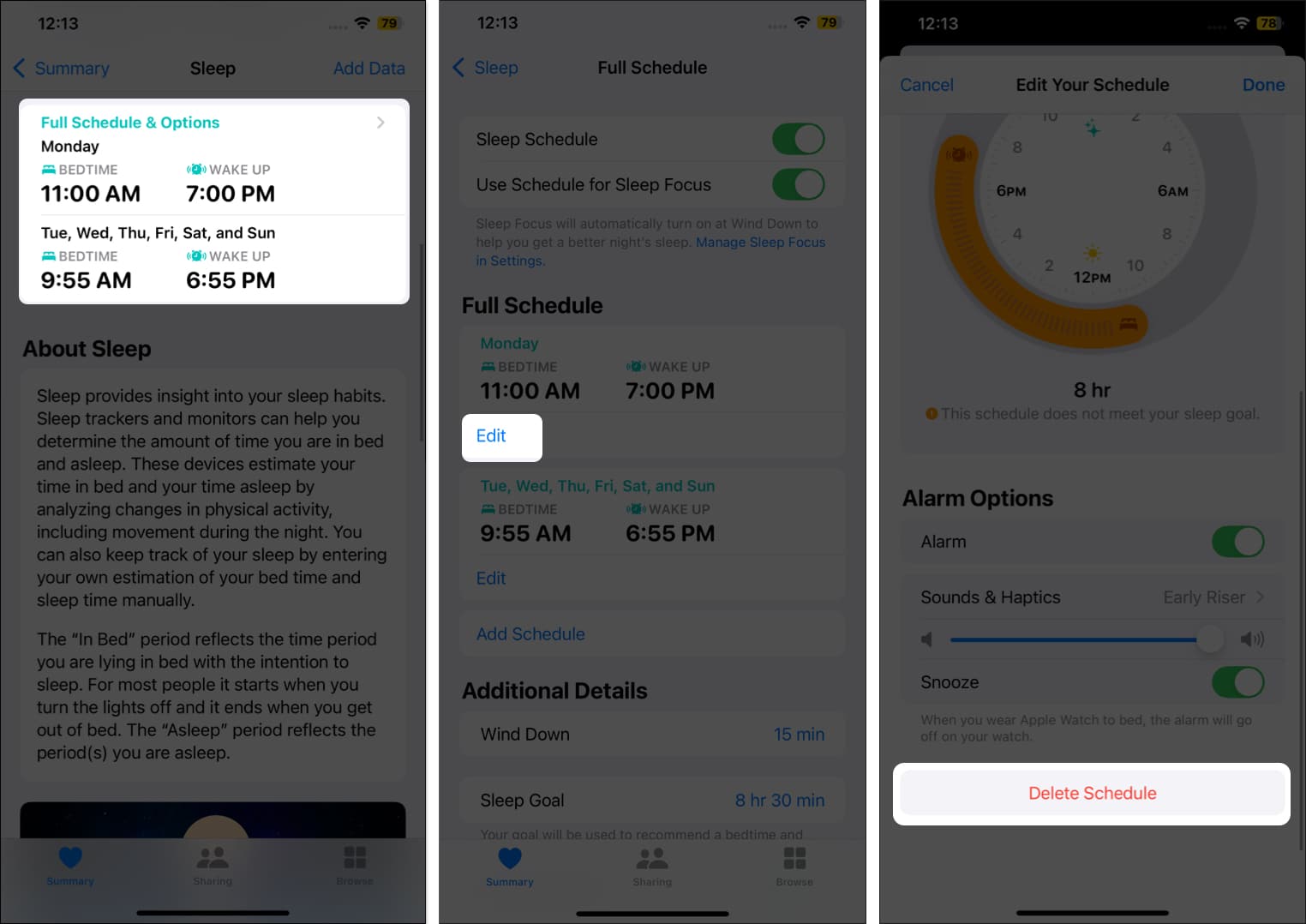 Delete Schedule option in the Watch app to delete a Sleep Schedule.