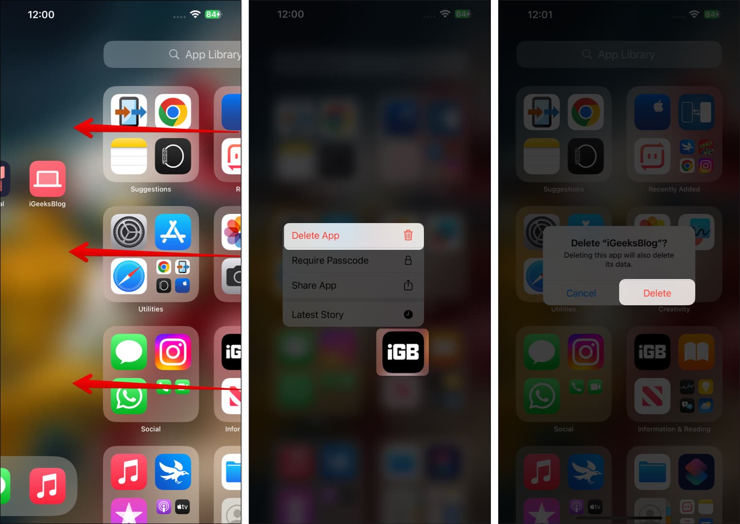 Deleting an app from the App Library on an iPhone.