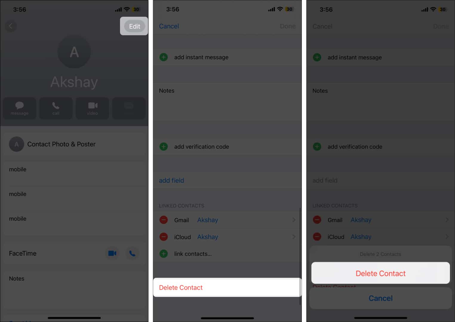 Delete Contact option in the Contacts app to delete a contact on the iPhone.