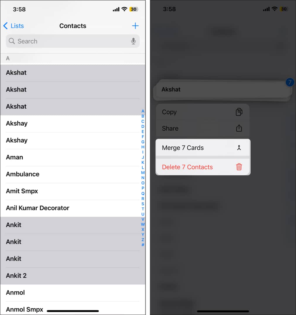 Selecting multiple contacts and deleting them in the iOS Contacts app.