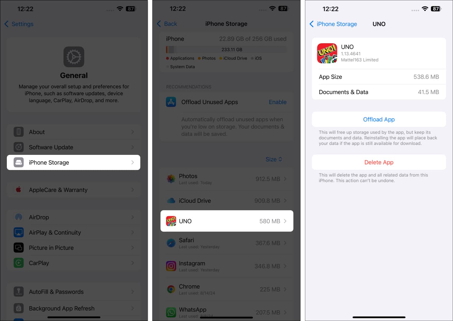 Deleting or offloading an app from the iPhone Settings app.