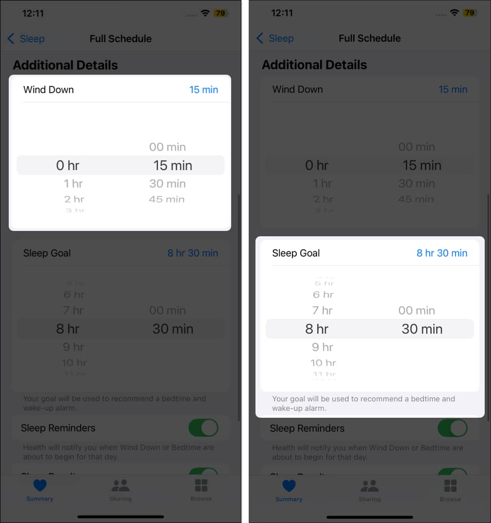 Setting up Wind Down and Sleep Goal in the Watch app on an iPhone.