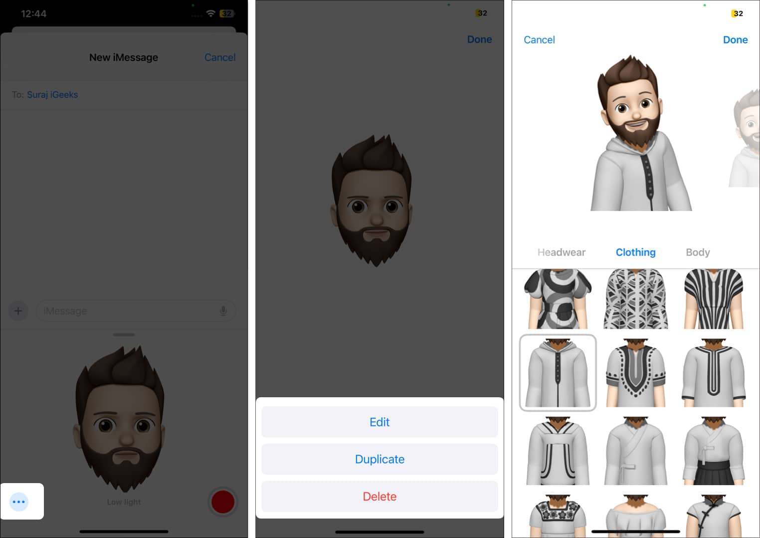 Editing a Memoji in the iOS Messages app on an iPhone.