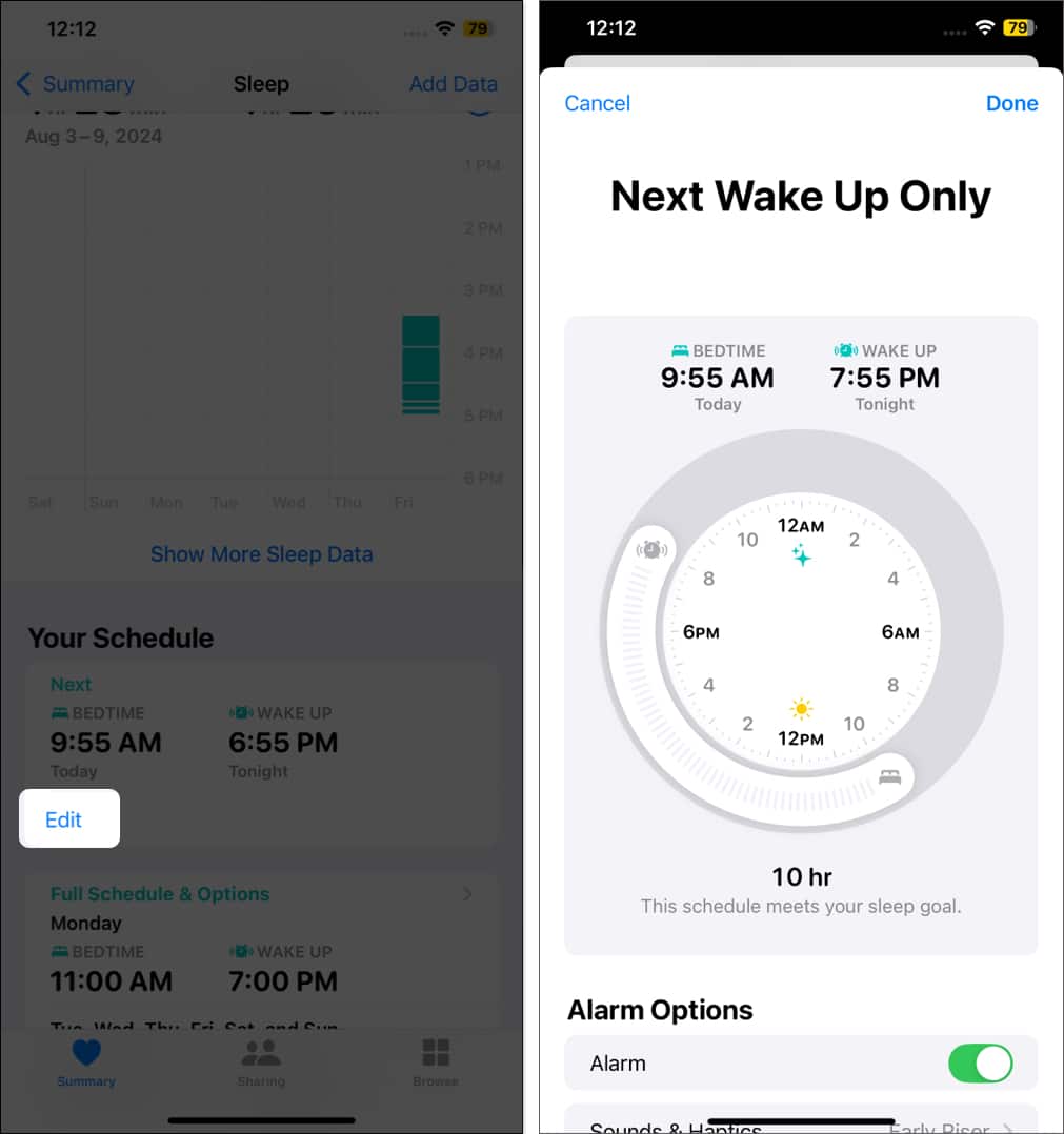 Editing a Sleep Schedule on an iPhone.
