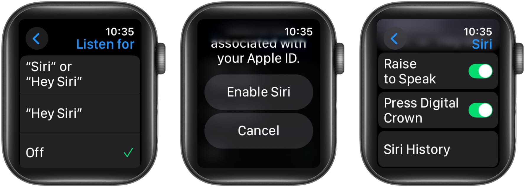 Enabling Siri and related features on an Apple Watch.