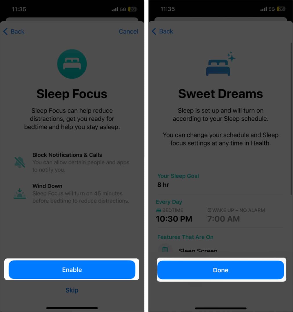 Enabling Sleep Focus in the Watch app.
