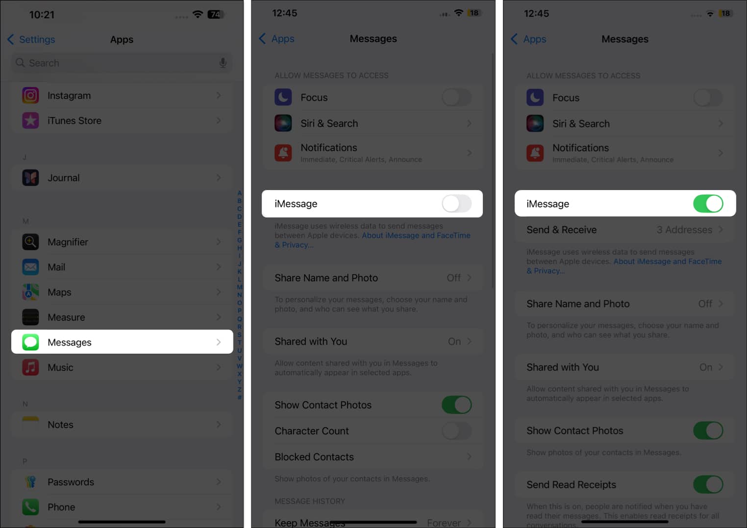 Enabling iMessage in iOS Settings app on an iPhone.