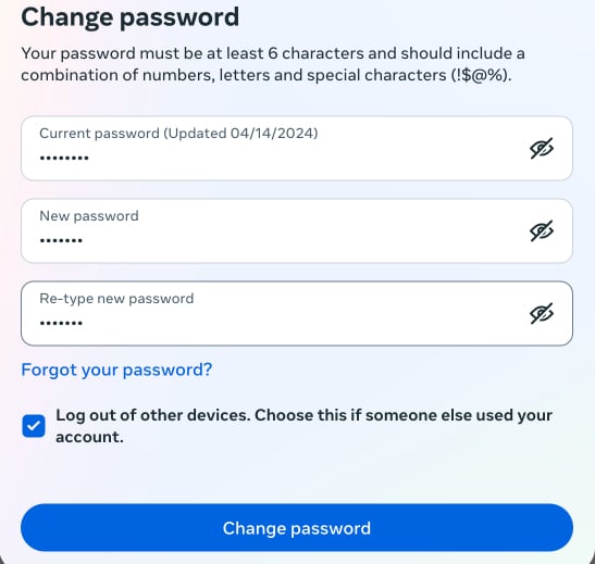 Change Password prompt asking for new Instagram password.