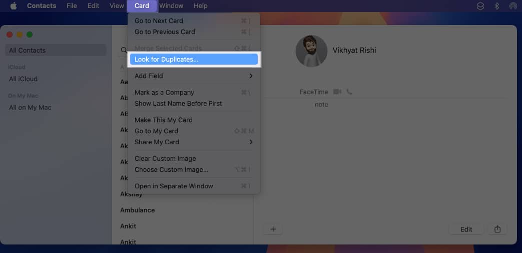 Card menu bar options for the Contacts app on a Mac.