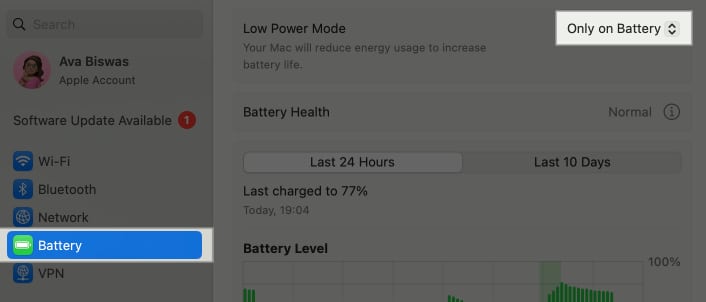 Configuring the Low Power Mode option in macOS System Settings.