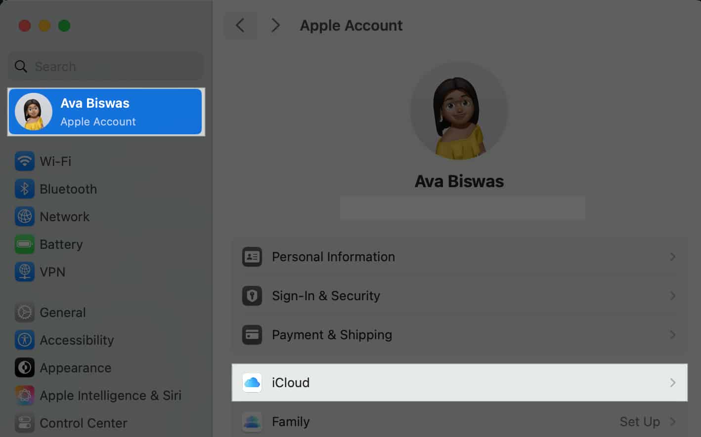 System Settings app on a Mac.