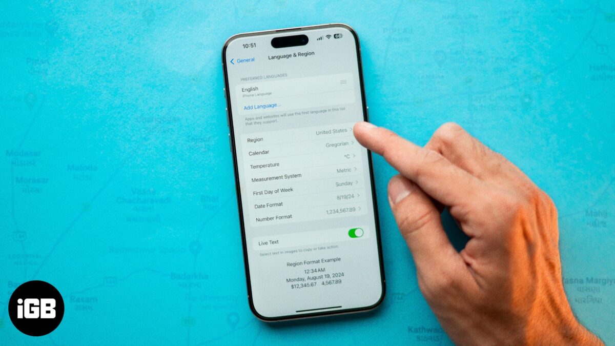 Language  region page in ios settings app on an iphone