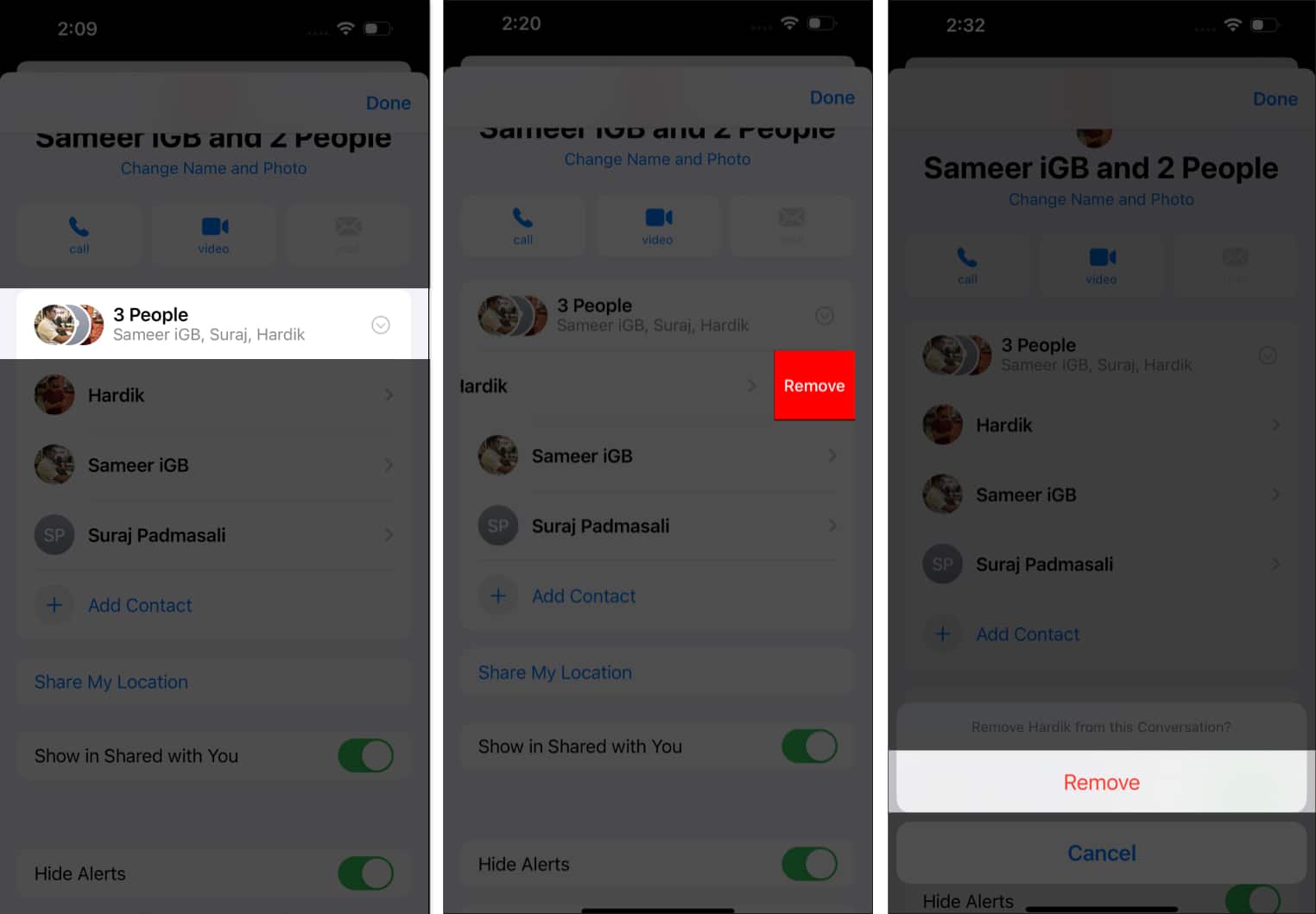 Removing a person from an iMessage group on an iPhone.