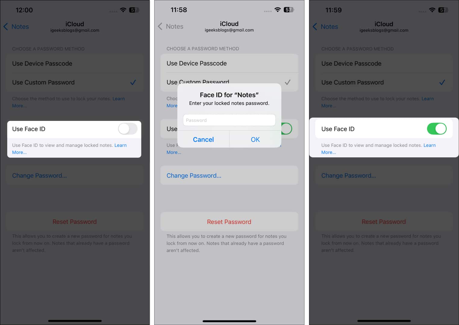 Enabling the Face ID option to lock notes in the Apple Notes app on an iPhone.