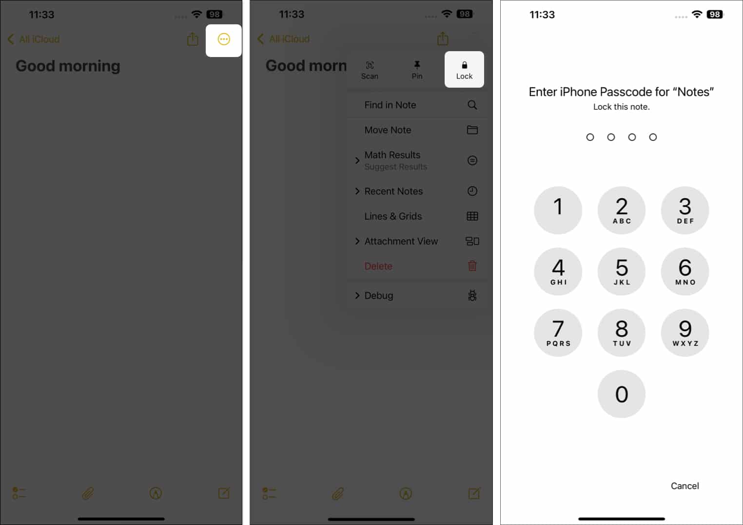 Locking a note in the Apple Notes app with an iPhone passcode.