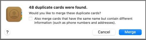 Prompt showing duplicate contact entries found in the macOS Contacts app.