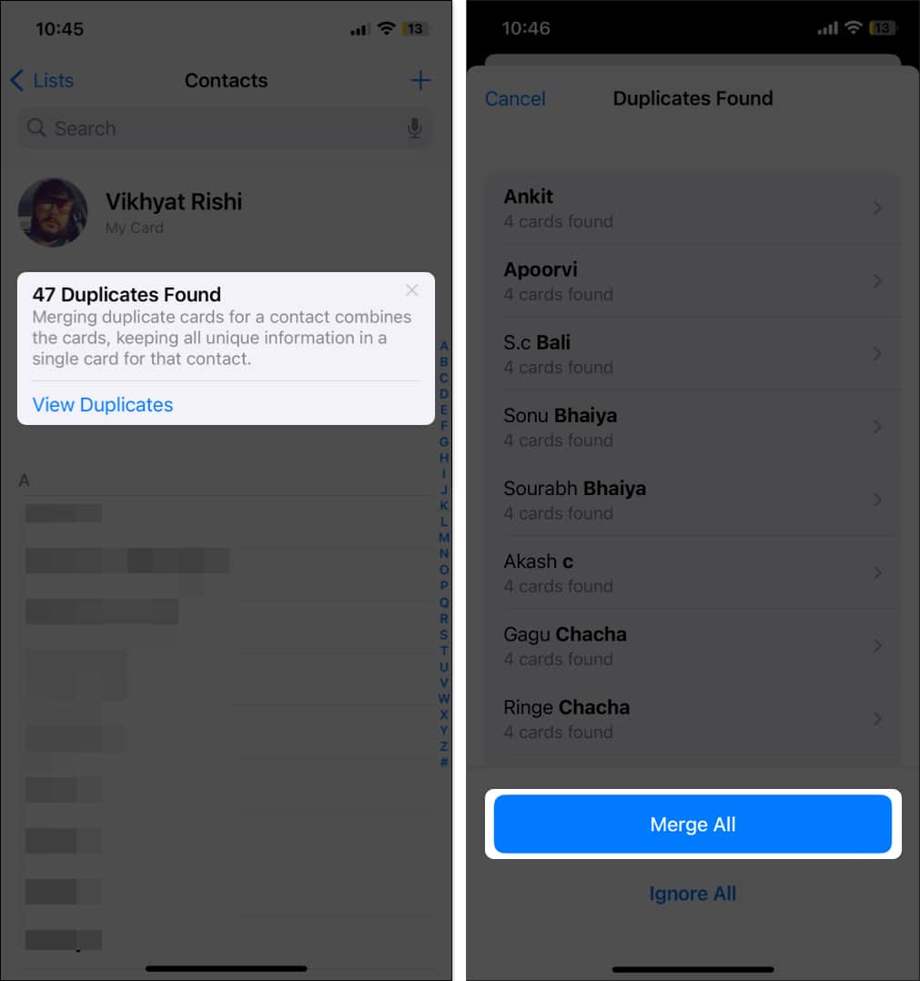 iOS Contacts app with a banner showing the number of duplicate contact entries and the Merge All button to merge them on an iPhone.