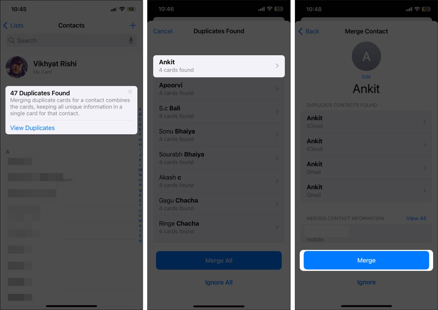 Checking duplicate entries and merging them in the Contacts app on an iPhone.