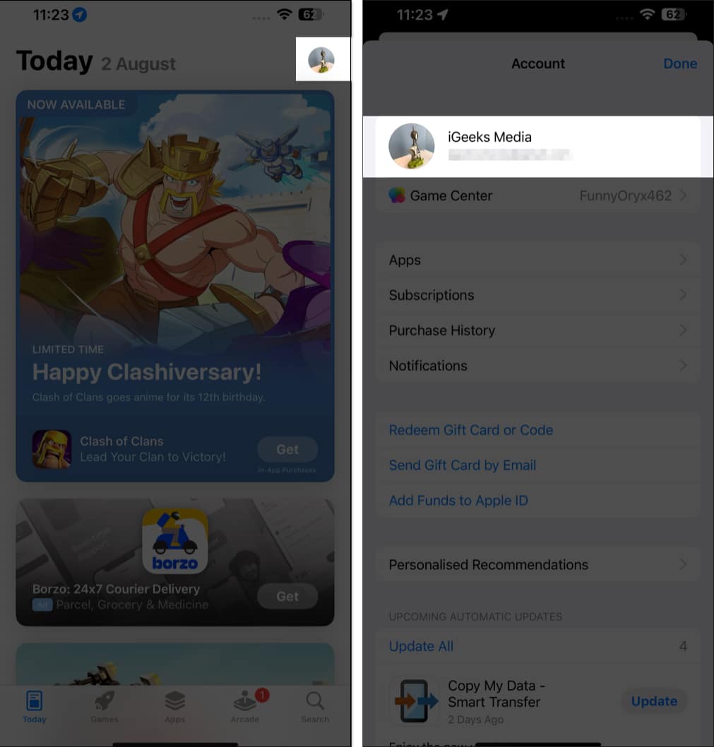 Account page on the iOS App Store.