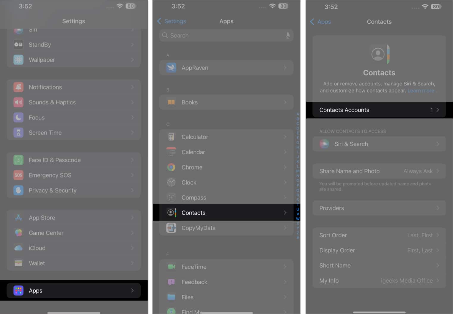 Contacts app settings on an iPhone.