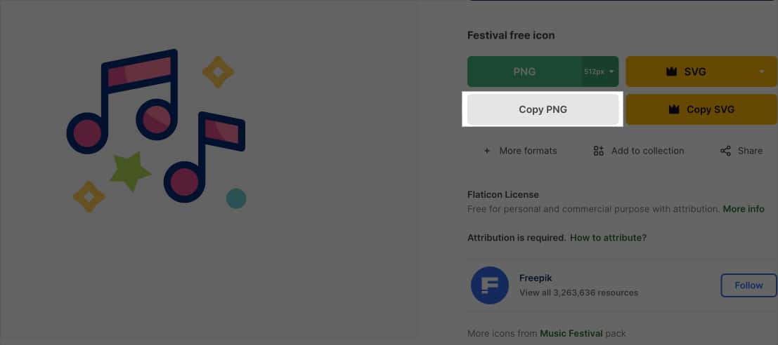 Copying image for the Music app icon on the Flaticon website on a Mac.