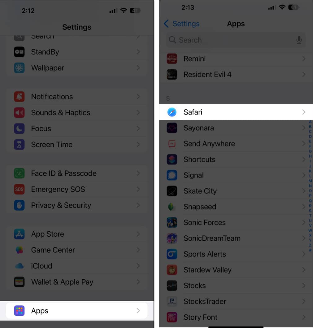 Accessing Safari settings in iOS Settings app.
