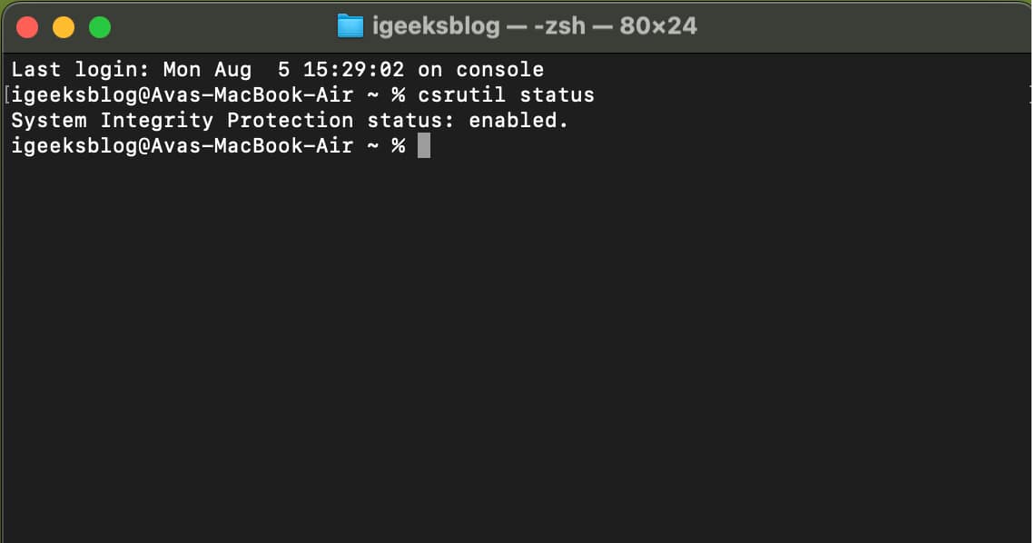 Terminal window on a Mac showing SIP status.
