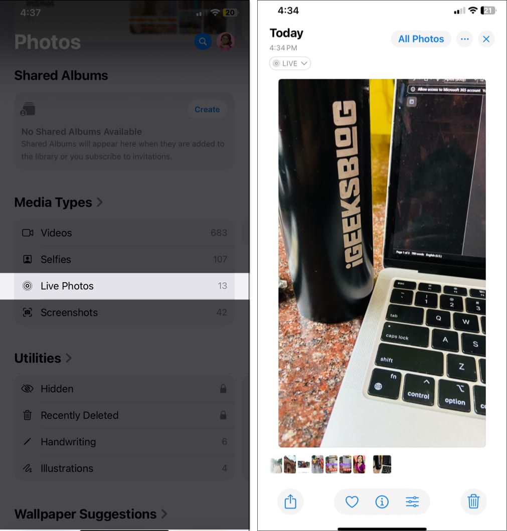 Accessing a Live Photo from the Live Photos album in the Photos app on an iPhone.