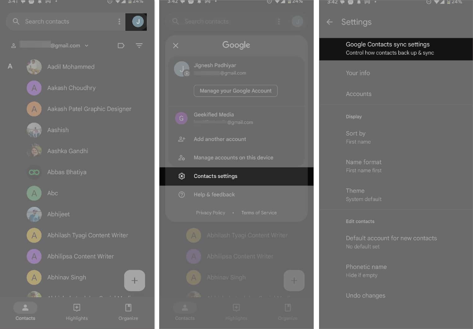 Accessing Google Contacts sync settings in the Contacts app on Android.