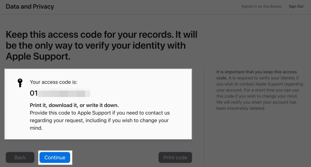 Access code for Apple account deletion.