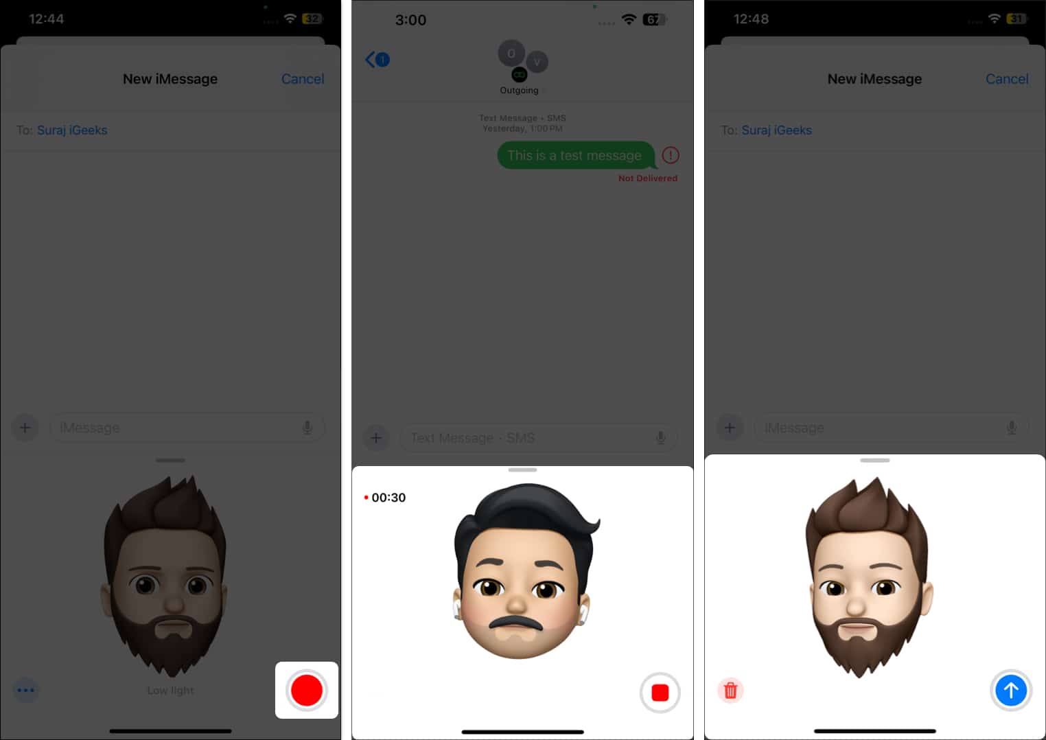 Recording an animated Memoji in the Messages app on an iPhone.