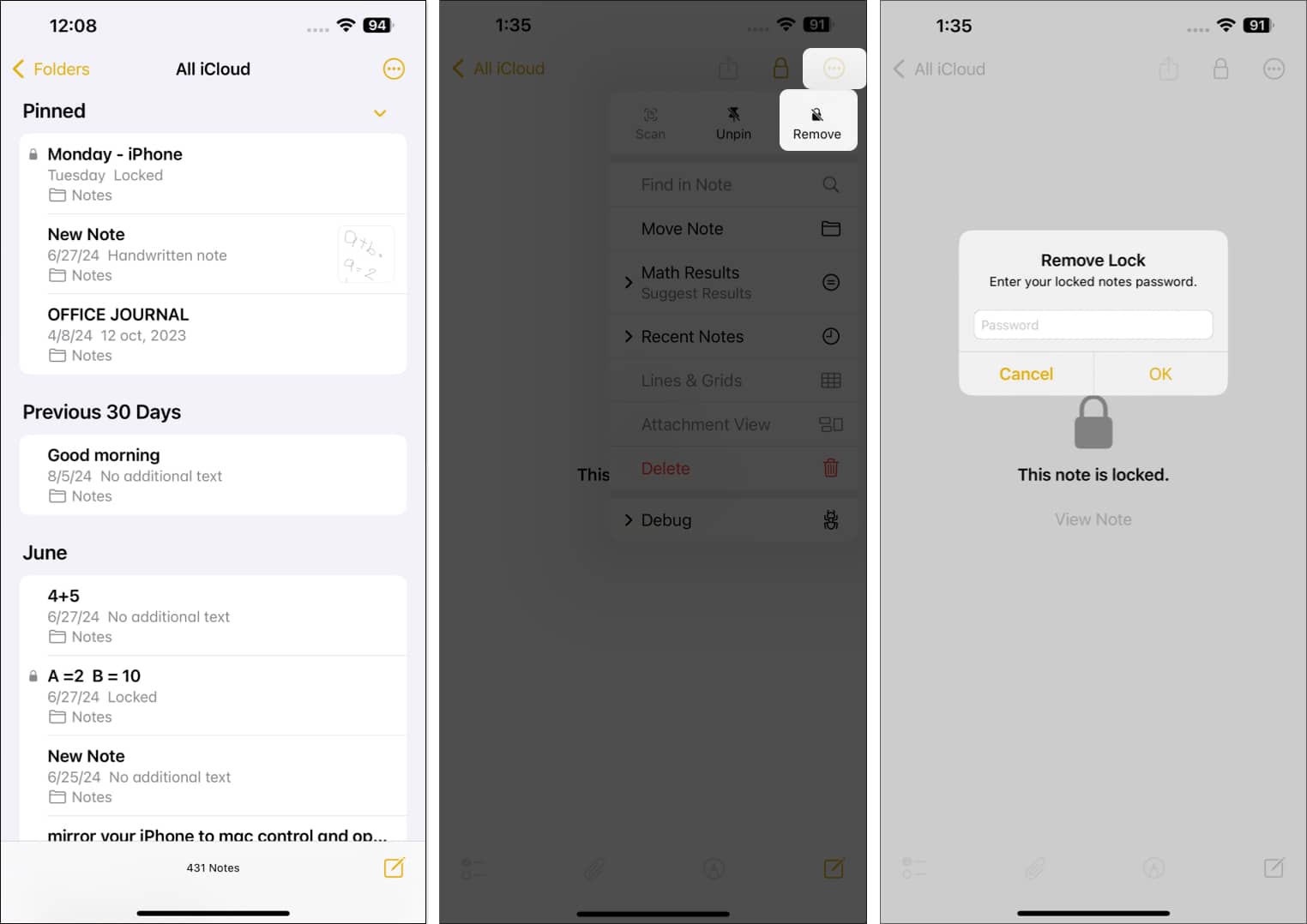 Removing lock from a note in the Apple Notes app on an iPhone.