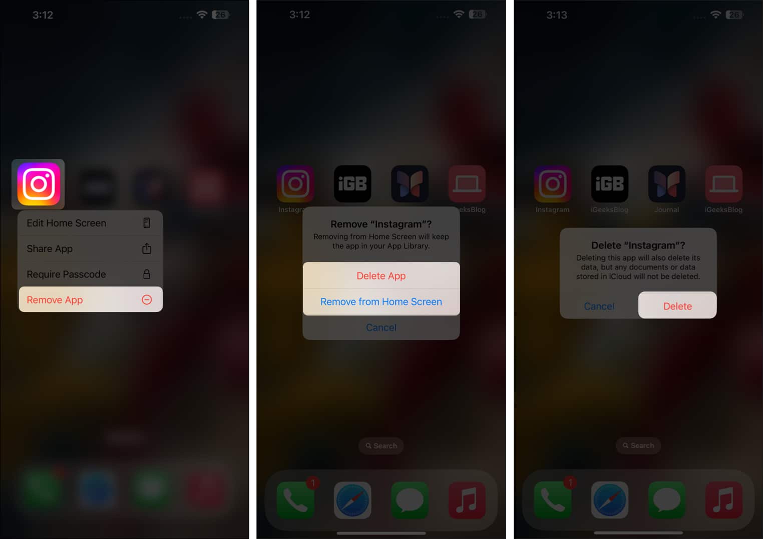 Deleting or removing an app from the iPhone Home Screen.