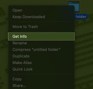 Get Info option on a folder on a Mac.