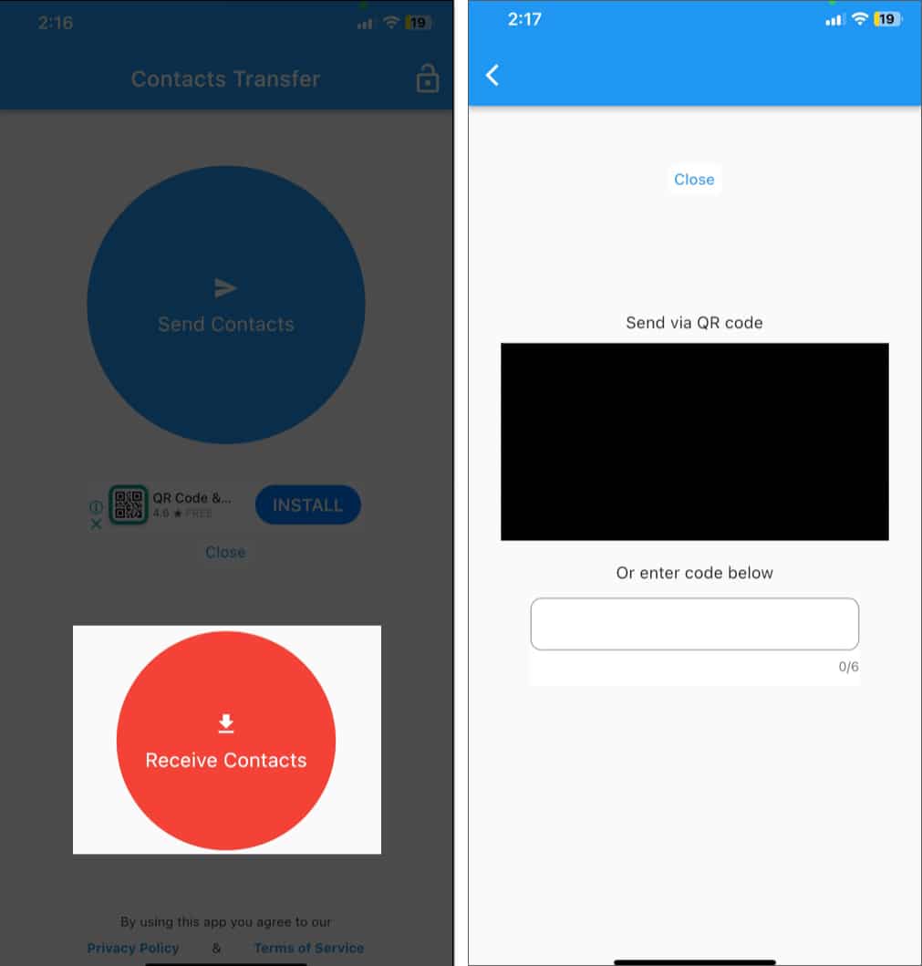 Scanning QR code or enter code in the Contacts Transfer app on an iPhone.