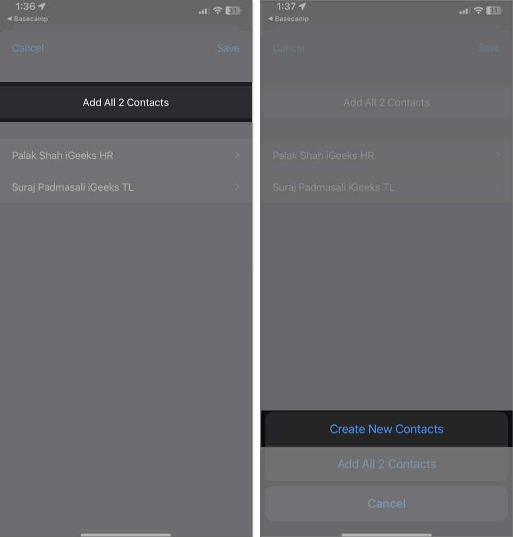 Adding imported contacts to the contacts list on an iPhone.