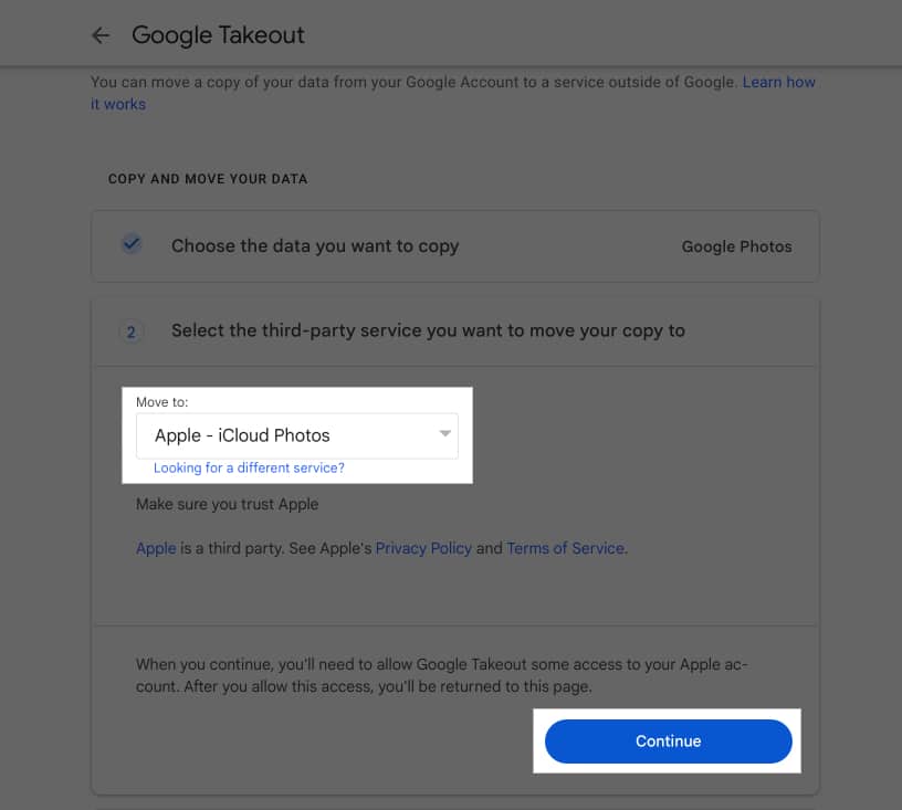 Selecting Apple iCloud Photos as the third-party service to move Google Takeout copy to.