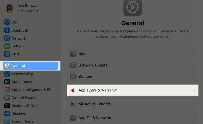 AppleCare & Warranty option in the macOS Settings app.