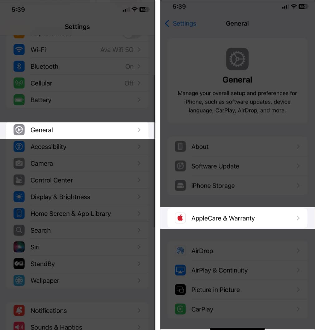 AppleCare & Warranty option on the General settings page in the iPhone Settings app.