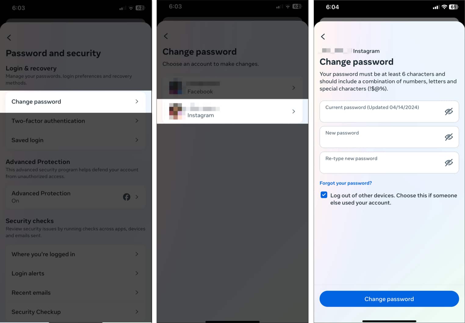 Change Password screen in the Instagram app on an iPhone to change an old/forgotten password.