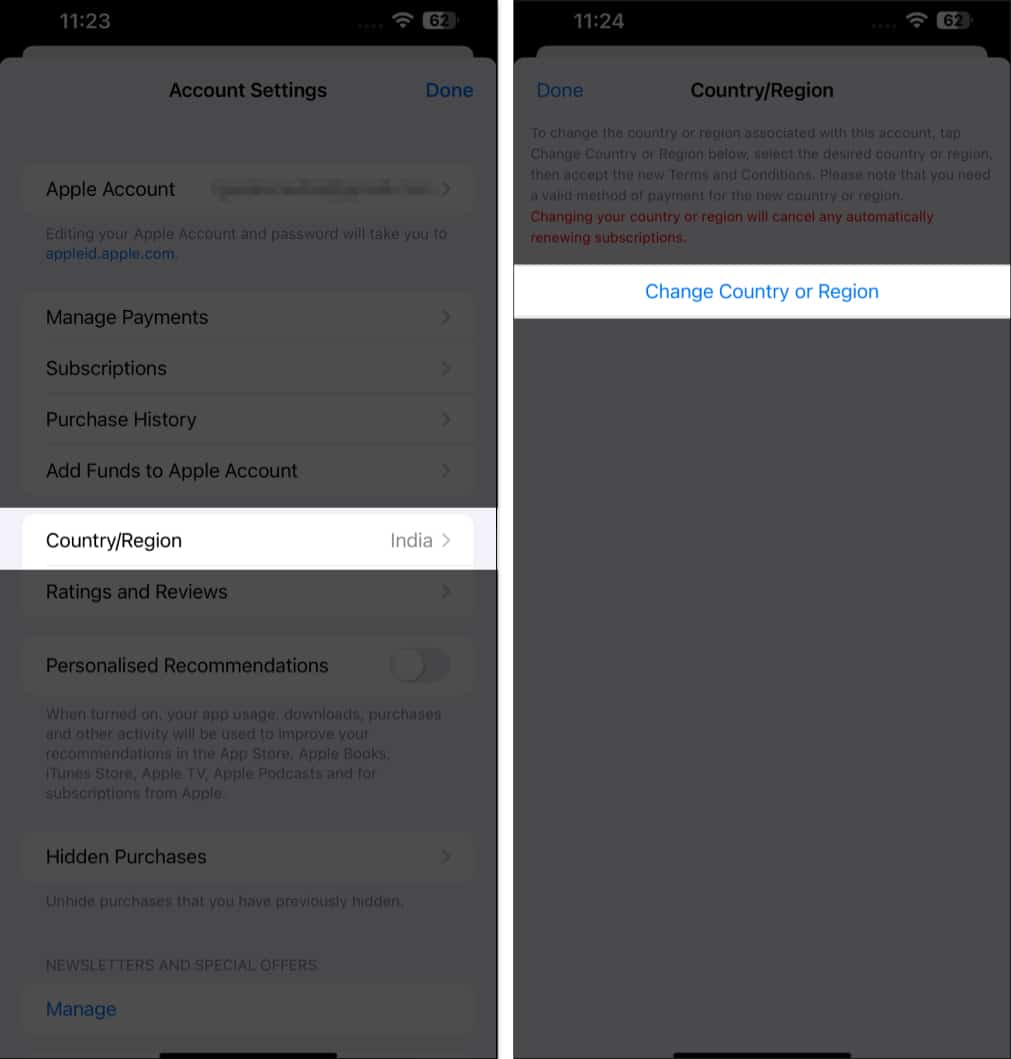 Change Country or Region option under App Store settings.