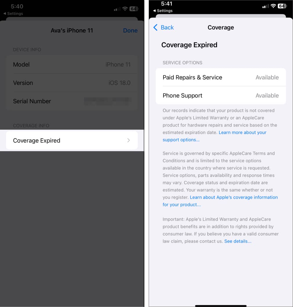 iPhone warranty details on the Apple Support app.