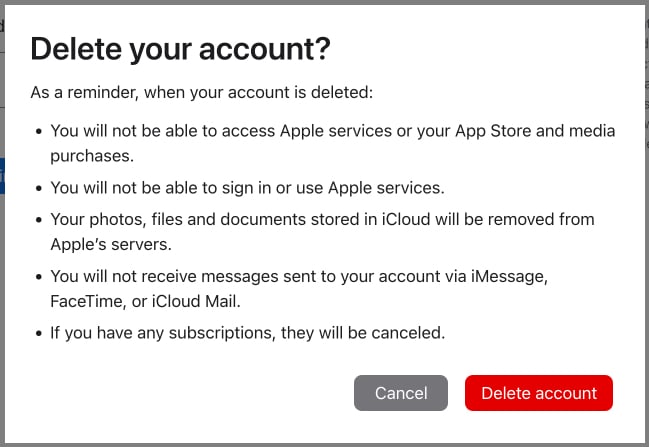 Delete Account button to confirm Apple account deletion.