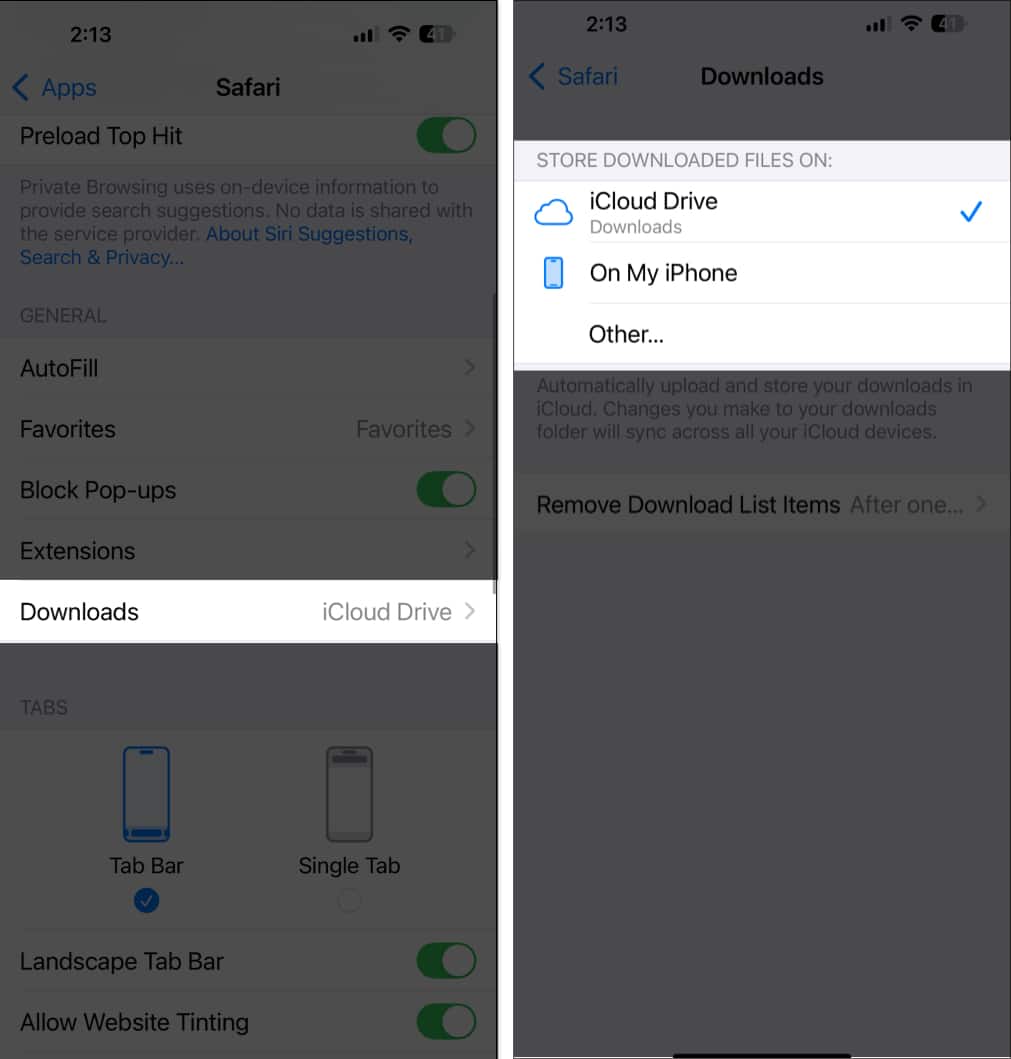 Changing download location for Safari downloads in iPhone Settings.
