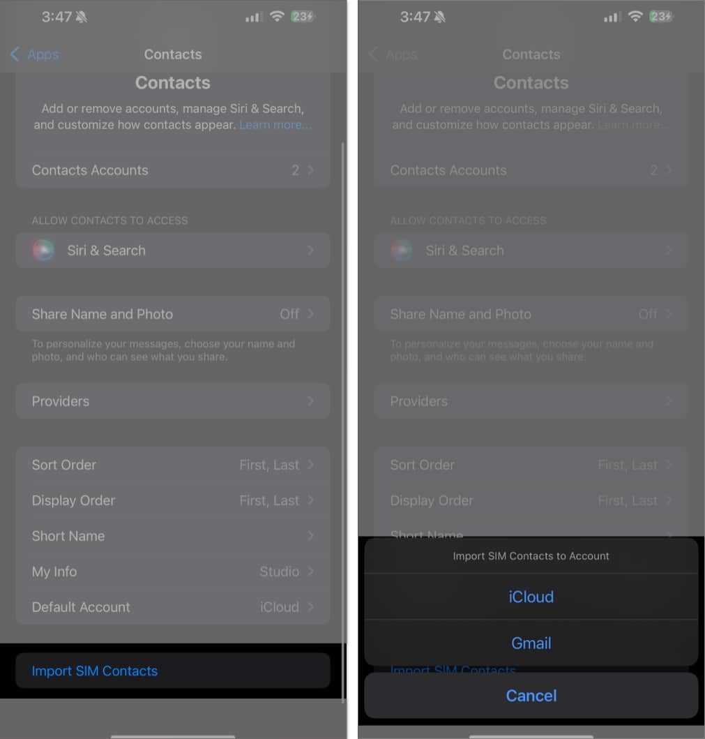 Selecting which account to import SIM contacts to on an iPhone.